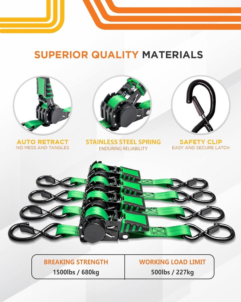 Strapinno 4pcs Retractable Ratchet Straps Bundle 1in x 6ft Ratchet Tie Down with Rubber Coated Steel Handle, S Hooks, Breaking Strength 1500 lbs Each (Green Strap, Black Coated) - Image 4